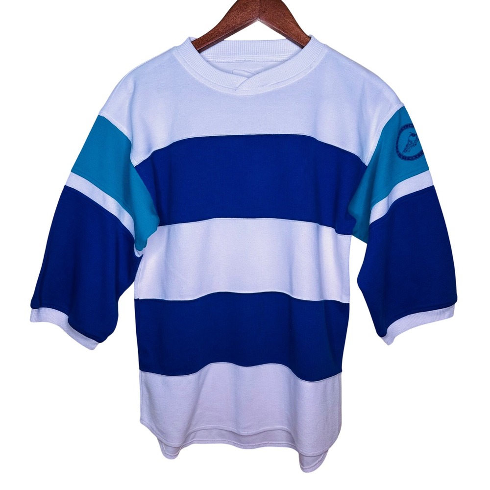 Vintage Greenline International Striped Rugby Shirt Blue White Teal Ribbed